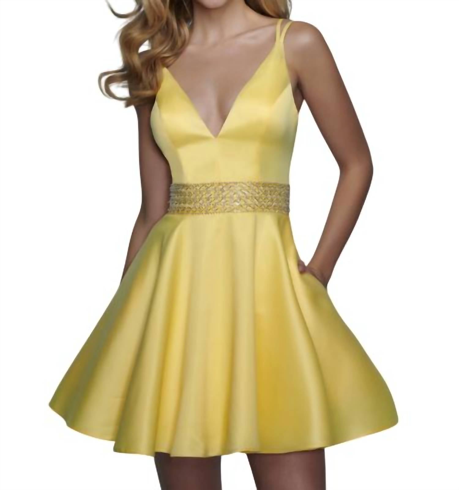 

Атласное платье для фигуристки желтого цвета Splash Prom
