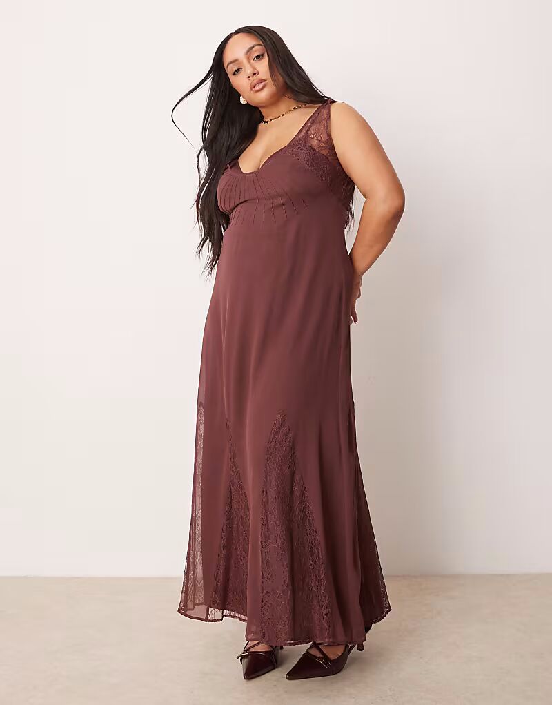 

Платье миди ASOS DESIGN Curve из кружева и шифона с годетами шоколадно-коричневого цвета