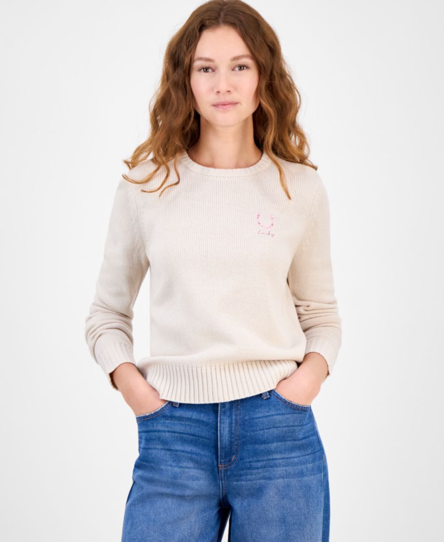 

Детский свитер с вышитым оригинальным круглым вырезом Just Polly, Oat Milk/Lucky Horseshoe