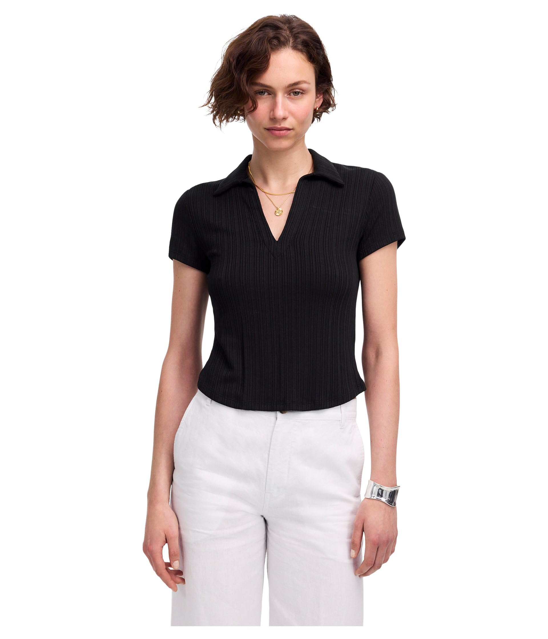 

Поло Madewell Low V-Neck Short Sleeve Polo, Jet Black