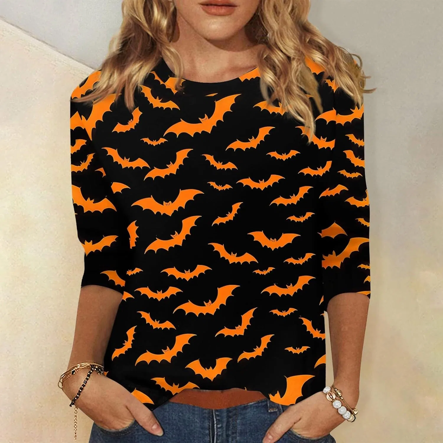 Блуза женская с принтом, Halloween, 3/4 рукав, свободный крой, черный — фото 3