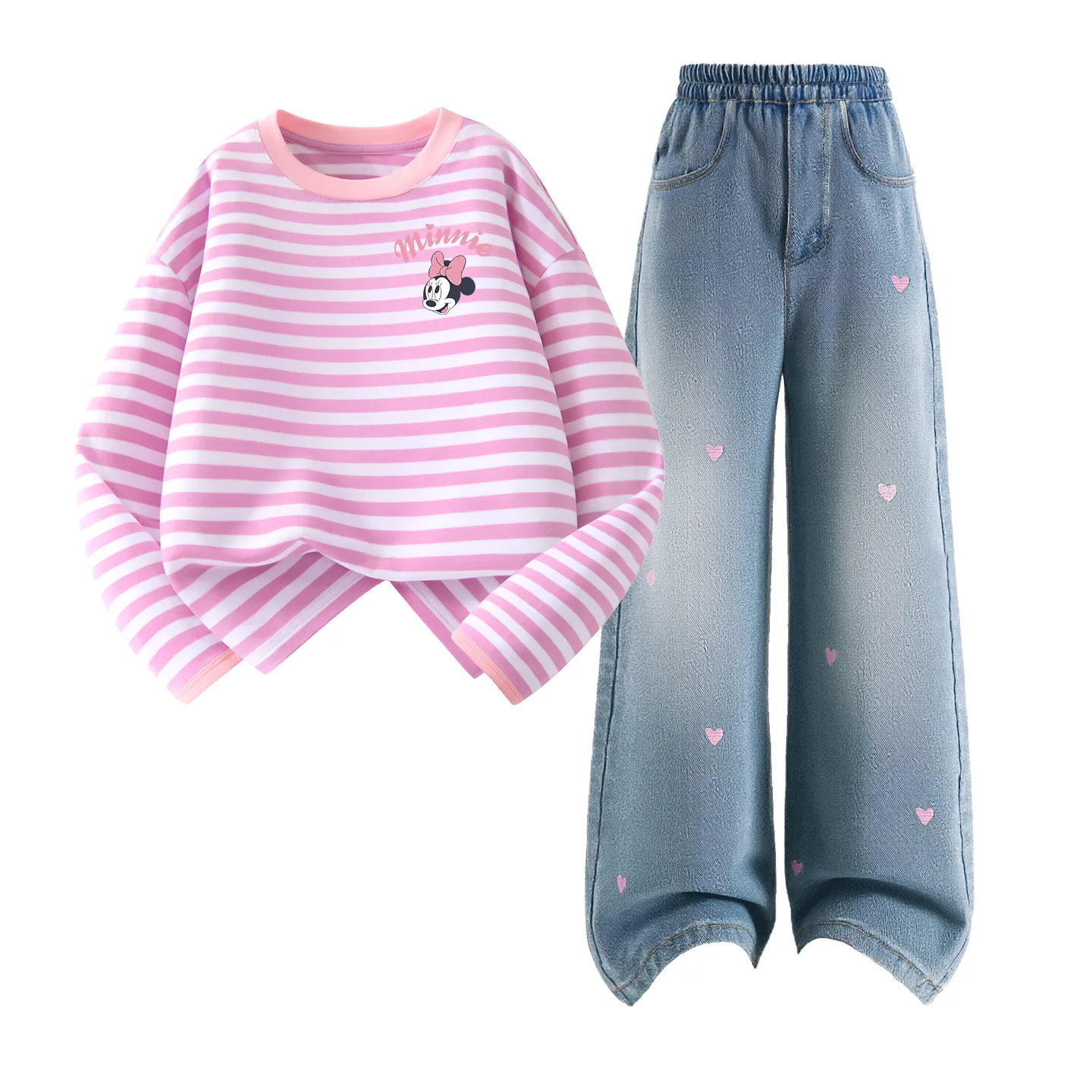 Детская повседневная спортивная футболка с круглым вырезом Disney, Dile Play Pink White Stripes+Solid Color Sea Salt Blue — фото 3