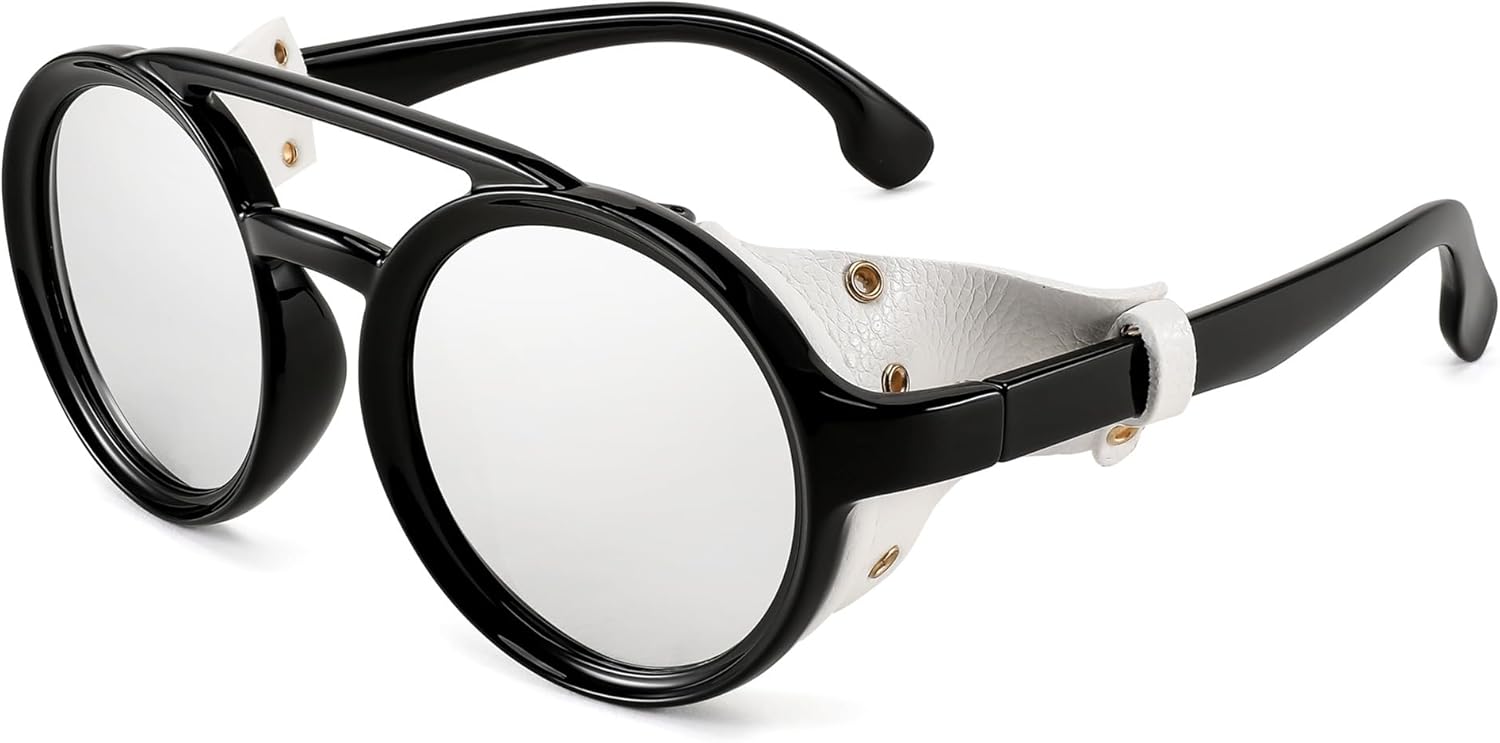 

Солнцезащитные очки FEISEDY Retro Round Steampunk для женщин и мужчин, винтажные, в легкой пластиковой оправе с кожаными вставками, модель B2532, 007 Black Frame | Silver Lens | White Leather