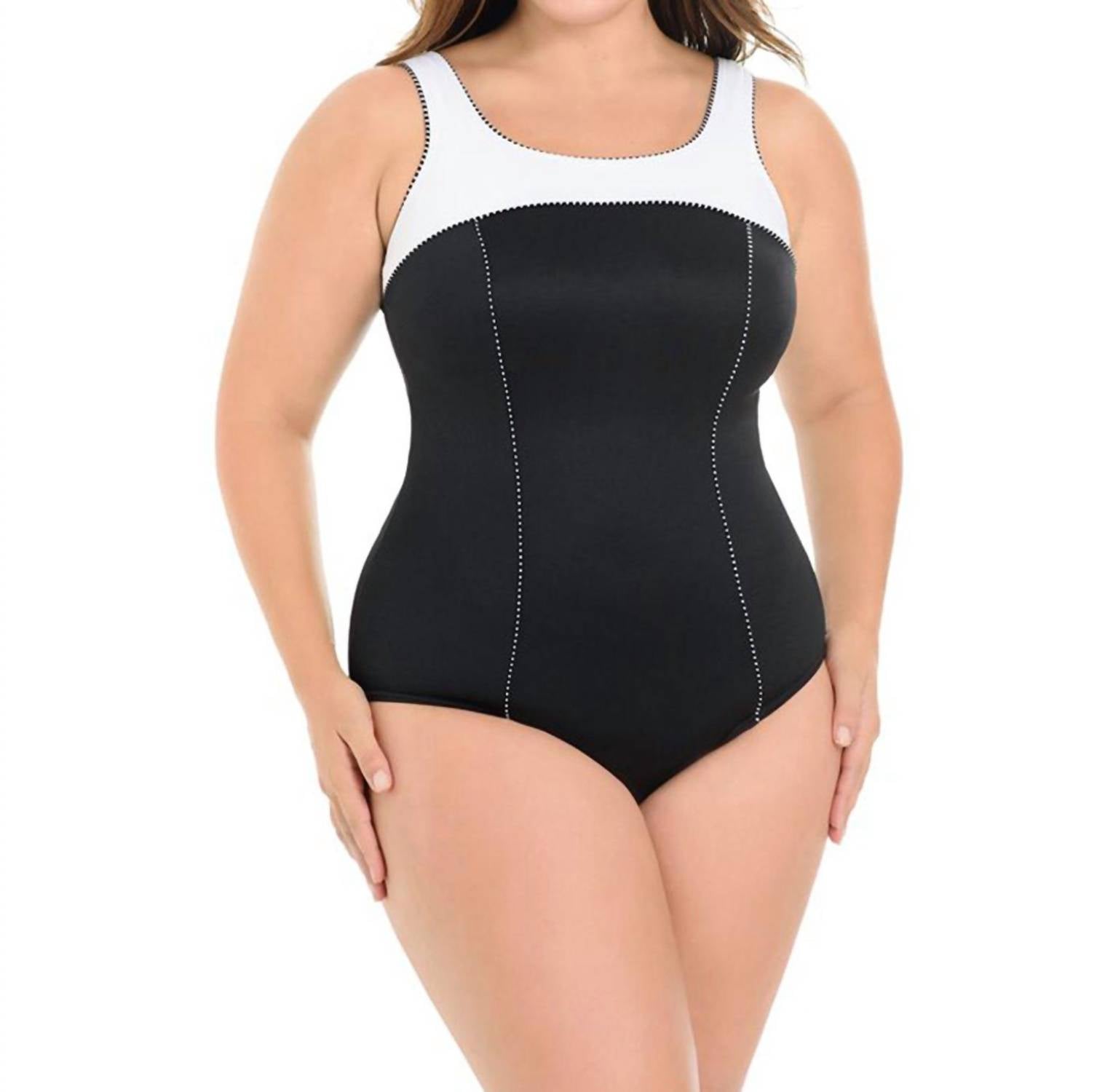 

Цветной купальник Plus Size Touche с чашками на косточках в черно-белой гамме Miraclesuit