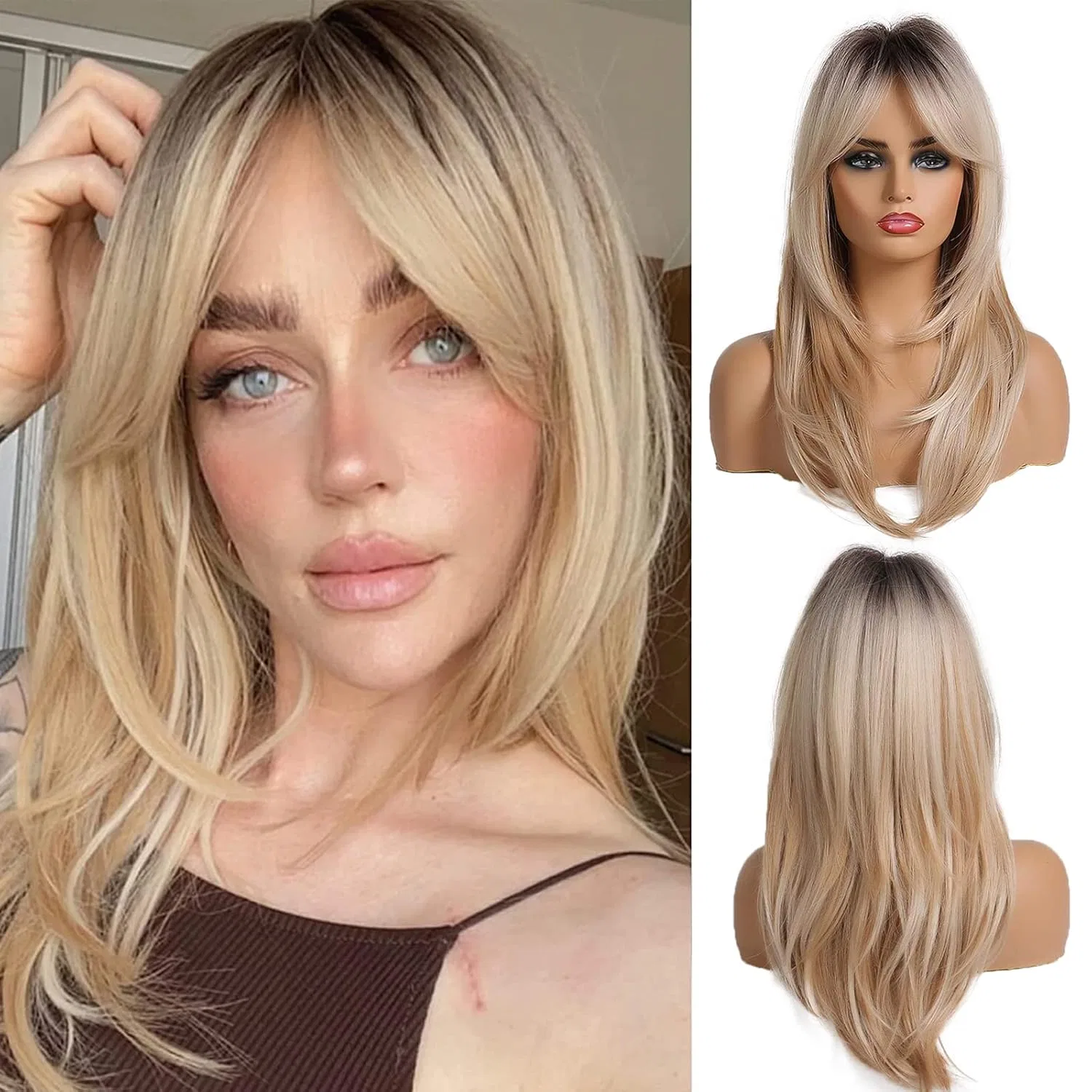 Женский длинный прямой светлый парик с темными корнями Oufei, Light Blonde With Dark Roots (259-1)
