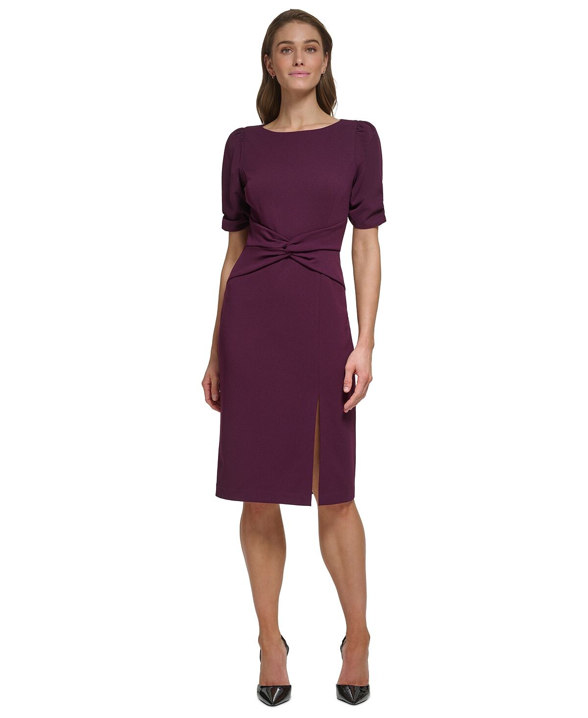 

Женское платье с пышными рукавами, перекрученным передом и боковым разрезом DKNY