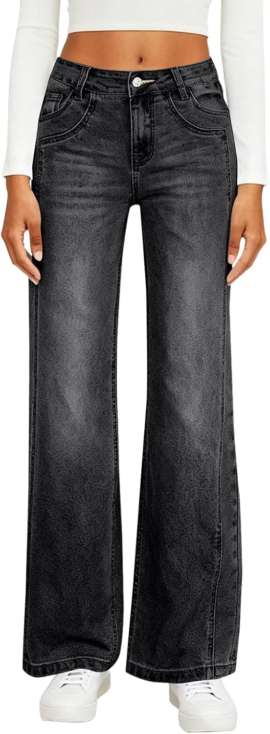 Джинсы свободные High Waisted Jeans for Women Retro Baggy Button Straight Leg Denim Pants Loose Fit Casual Palazzo Pants with Pockets, черный
