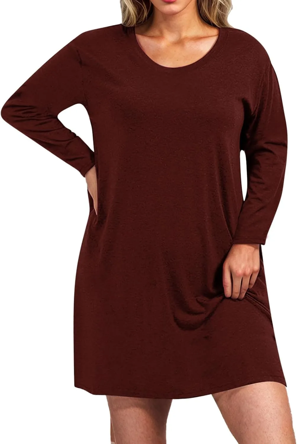 Футболка-платье для женщин Plus Size повседневное с длинным рукавом короткое платье осень-зима на каждый день свободного кроя Generic, коричневый — фото 2