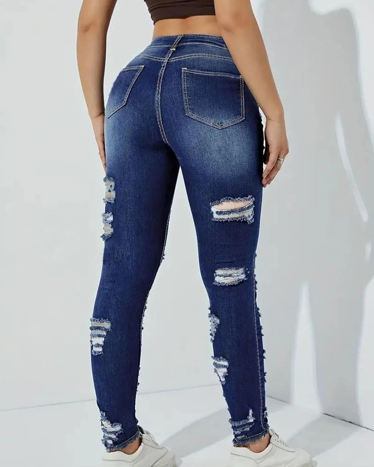 GPCHAN Женские джинсы с потертостями и разрывами High Waisted Stretch Skinny — фото 3