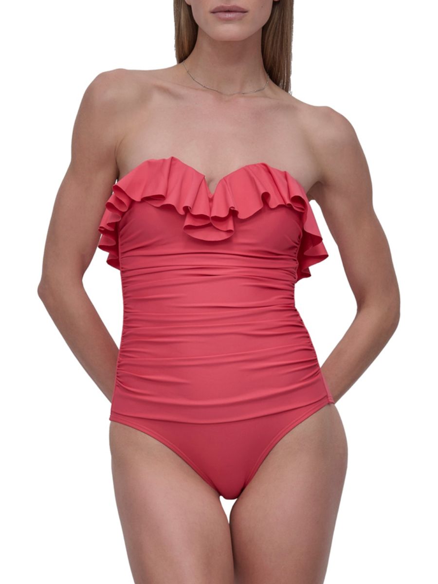 

Слитный купальник-бандо с оборками DKNY, цвет Punch Pink