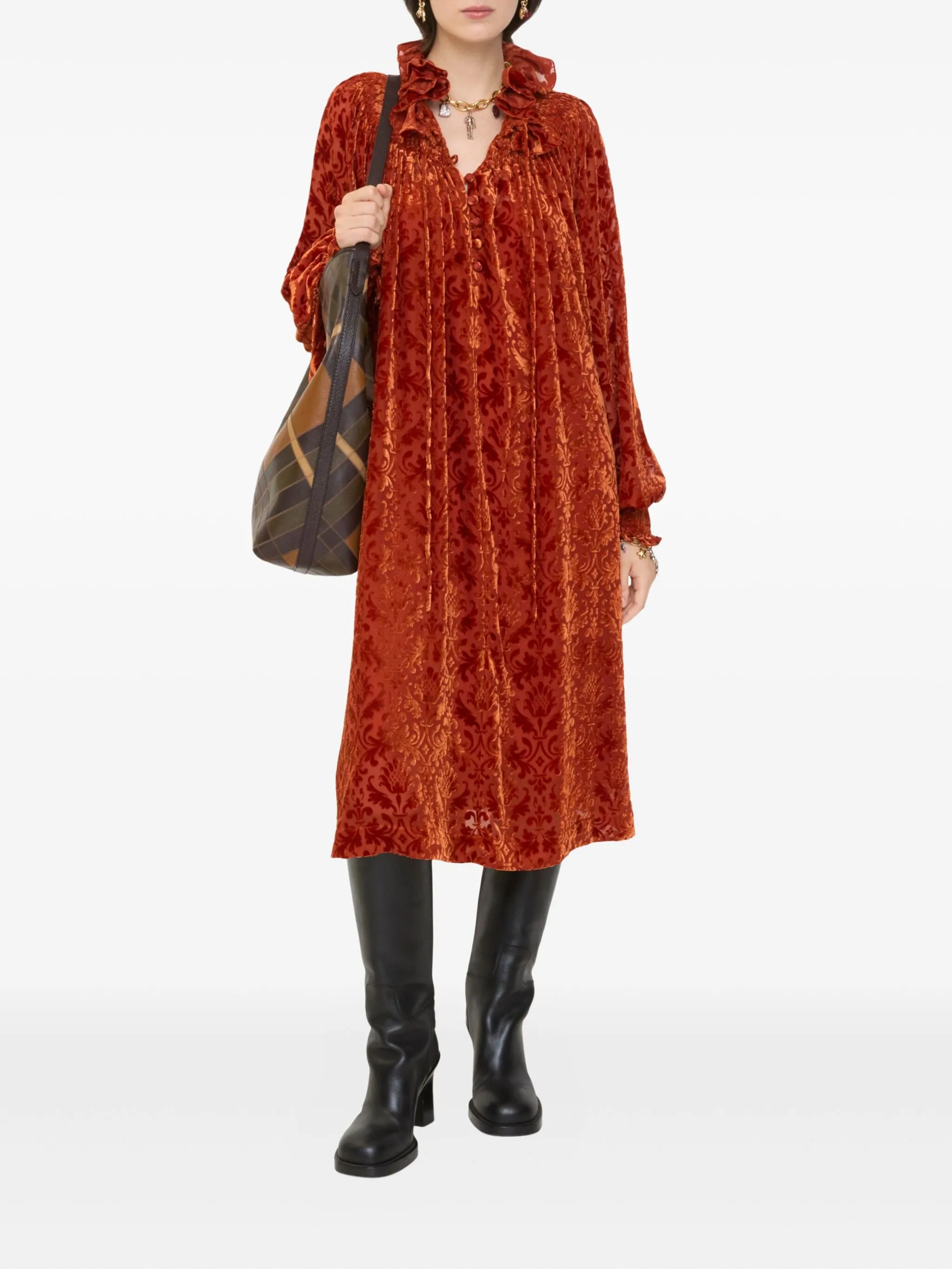 Платье Burberry, миди, длинные рукава, оборки, красный — фото 2