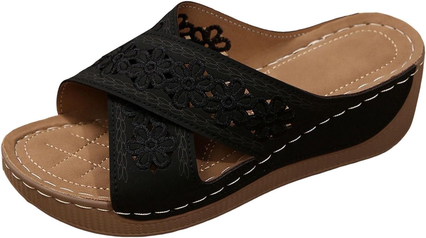 

Ортопедические женские сандалии с открытым носком, на танкетке, с поддержкой свода стопы, для повседневной ходьбы, слипоны на платформе, удобные, нескользящие пляжные сандалии, нарядные летние туфли Generic, черный