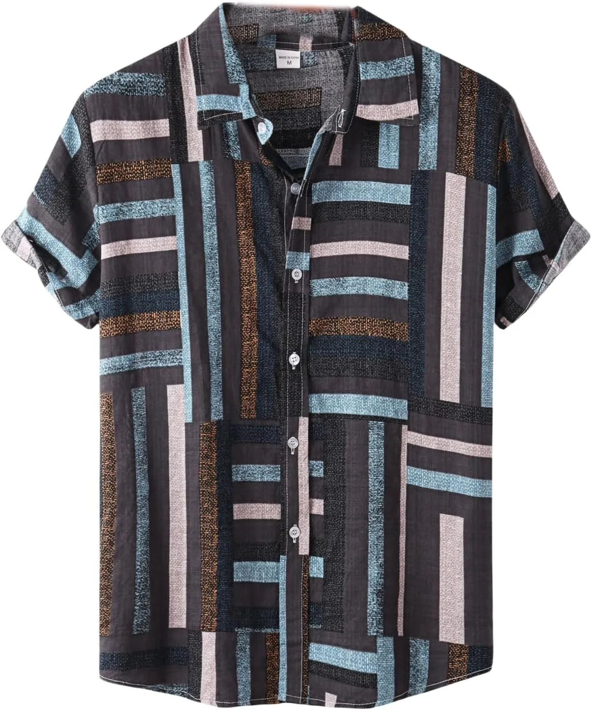 

Мужская рубашка с цветными блоками и полосками, летняя гавайская рубашка из хлопка и льна CHXLQQX