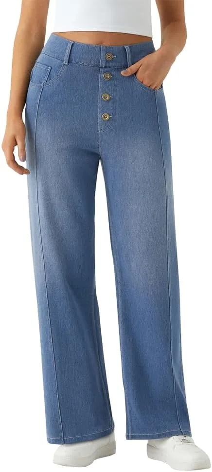 

Женские джинсы с высокой талией и широкими штанинами Stretchy Button-Front TACSTRUN