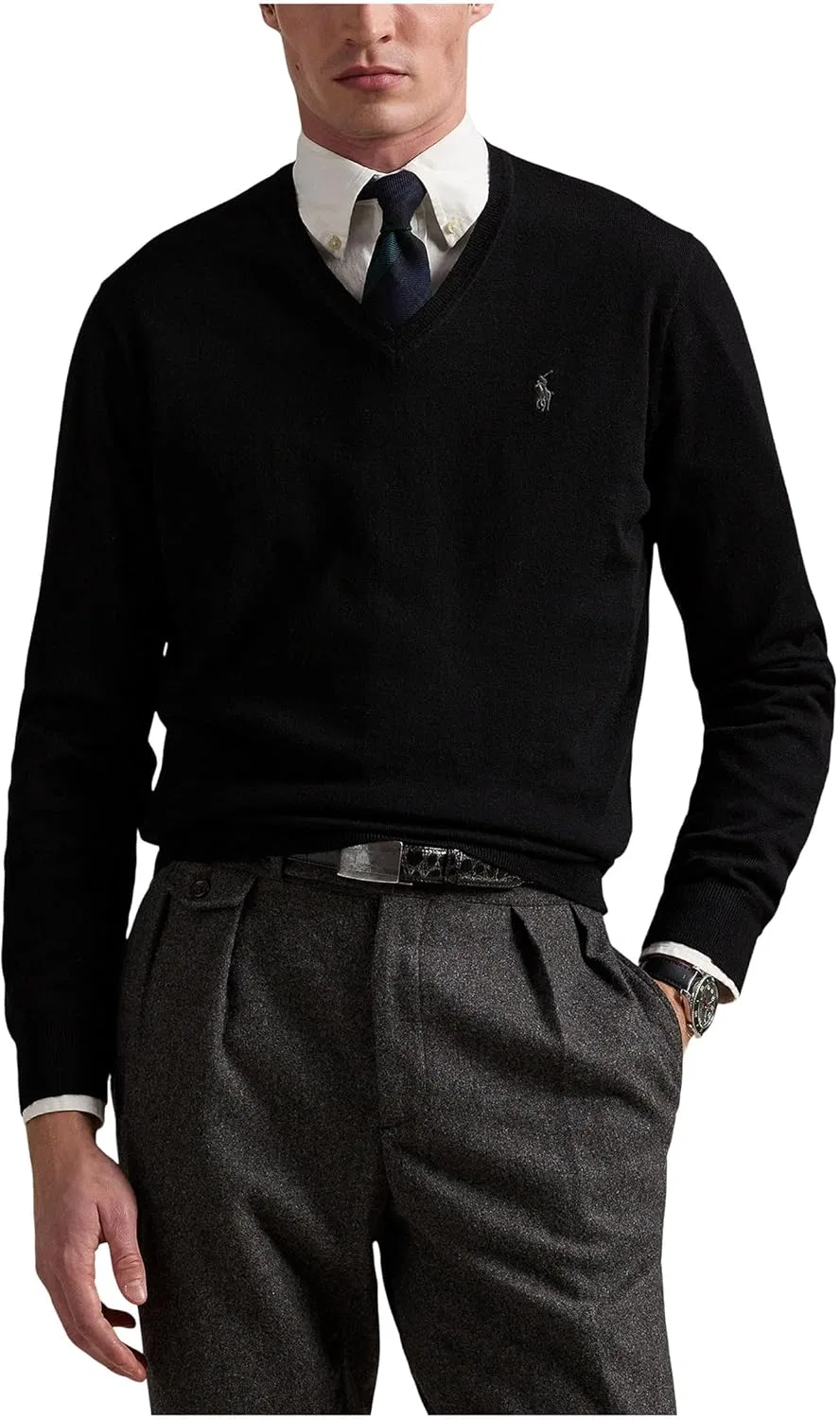 Мужской шерстяной свитер Polo Ralph Lauren с V-образным вырезом, пригодный для стирки