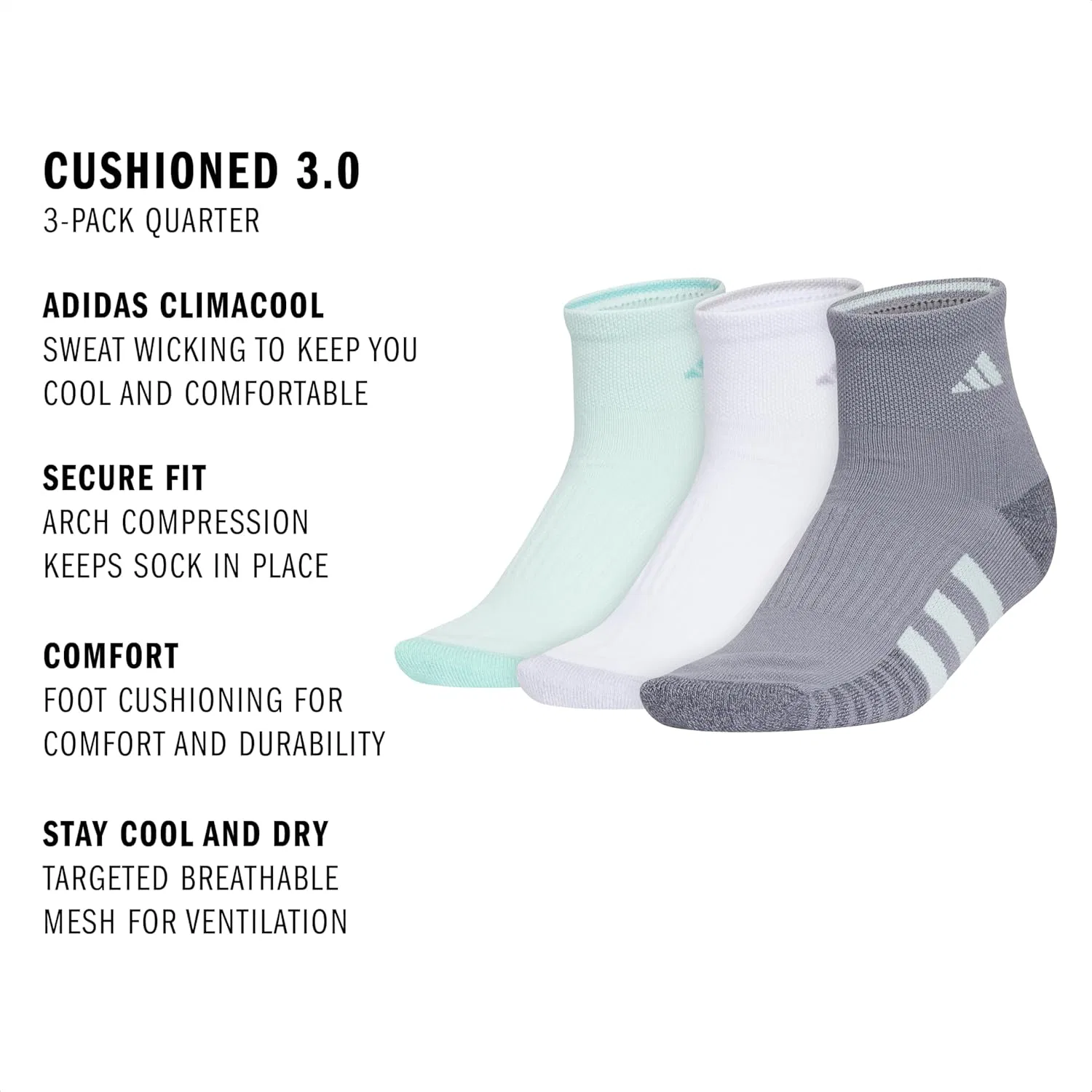 Носки женские adidas, 3 пары, Halo Mint Green/White/Grey/3 — фото 4