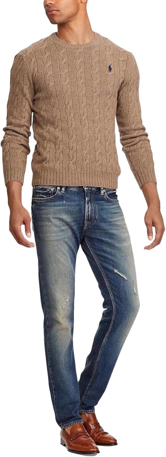 Polo Ralph Lauren мужской свитер из хлопка с косой вязкой, Rl Brown Heather — фото 3