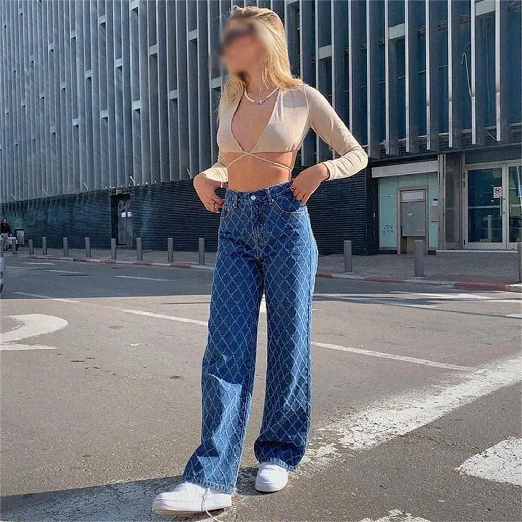 Джинсы прямые с высокой талией, клетчатые, Casual, синие — фото 3