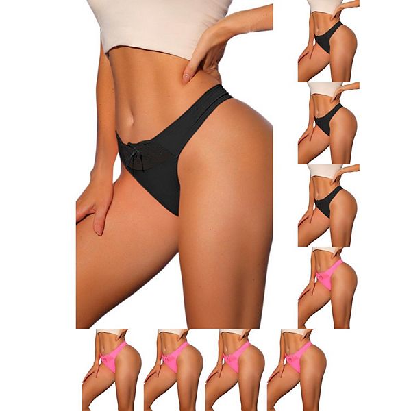 

9 пар женских бикини-стрингов с низкой посадкой из сатина и эластичного кружева Inspire Chic, Black Bright Pink