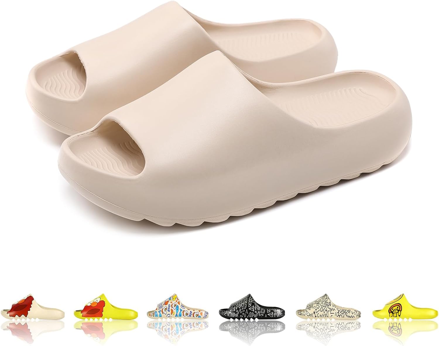 

Мужские и женские тапочки-сланцы с облачной подушкой EVA, милый мультяшный принт, нескользящие для душа, с открытым носком, для ванной, дома, спа, тренажерного зала, мягкая и удобная обувь Tptoes, бежевый