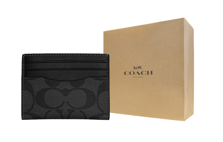 

COACH Чехол для карт из лакированного холста с кожаной вставкой мужской серо-черный
