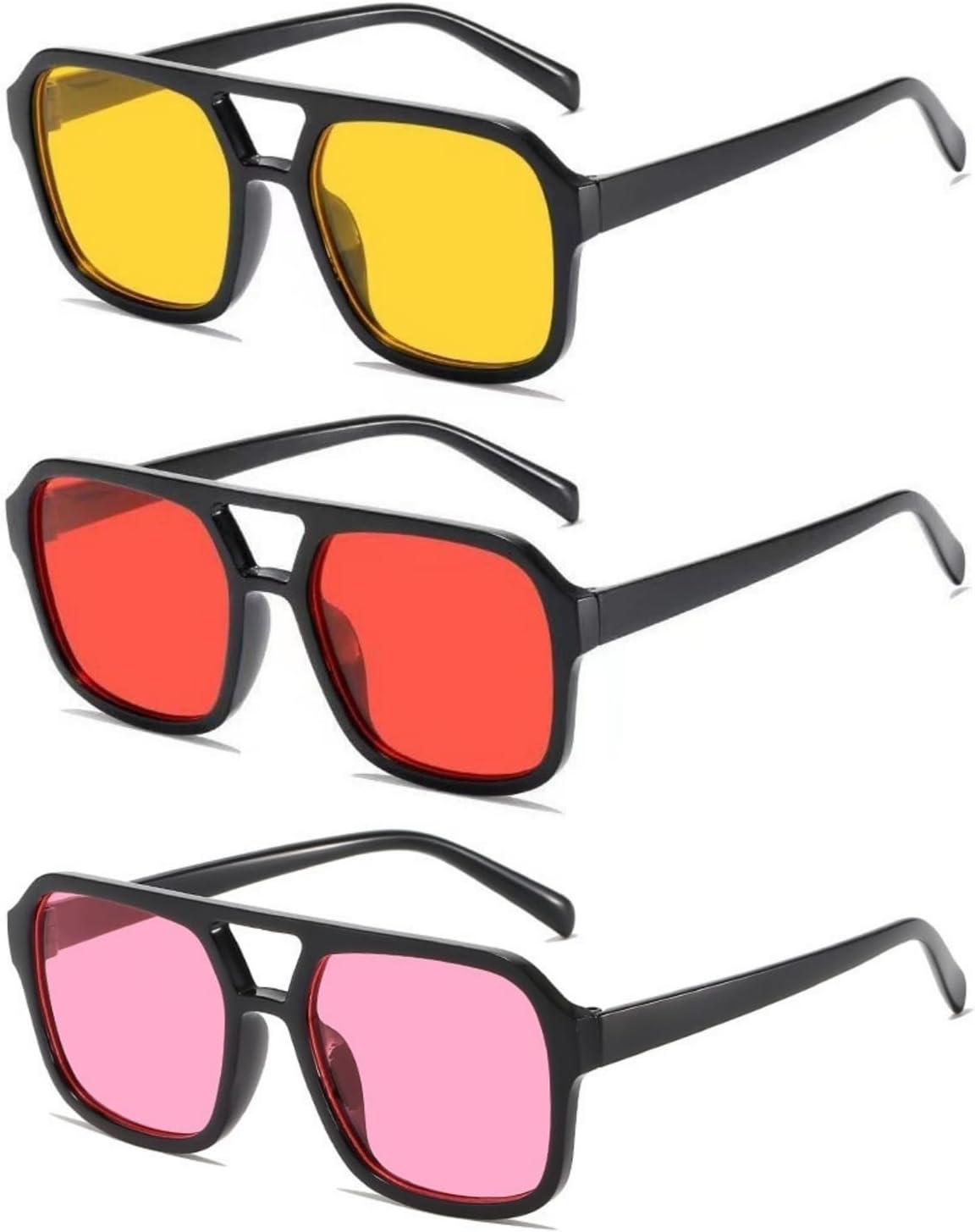 

Ретро-солнцезащитные очки-авиаторы квадратной формы в стиле 70-х годов для женщин и мужчин, винтажные прямоугольные солнцезащитные очки в плоской оправе, модные очки IKUVNA, 3 Pack Yellow+red+pink