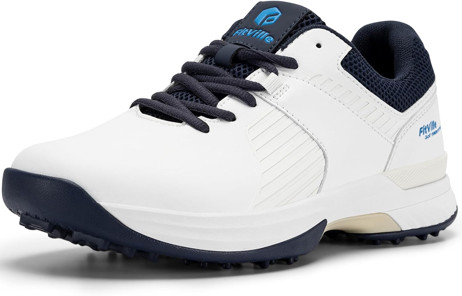 

Мужские гольф-туфли FitVille Extra Wide, водонепроницаемые, профессиональные шипованные гольф-туфли с поддержкой свода стопы, белый/синий