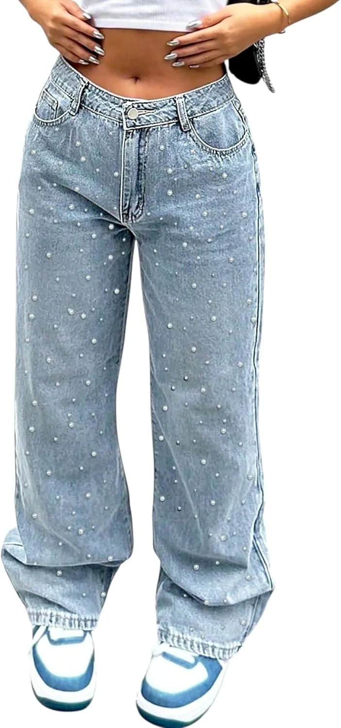 

Plus Size джинсы для женщин Y2K Boyfriend Baggy Straight Wide Leg с пайетками CFNZER