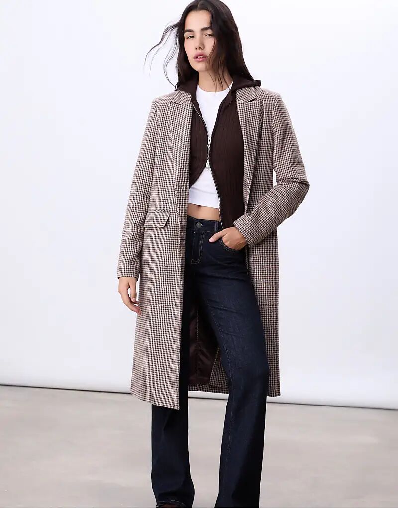 

Длинное пальто прямого кроя с принтом Stradivarius бежевого цвета