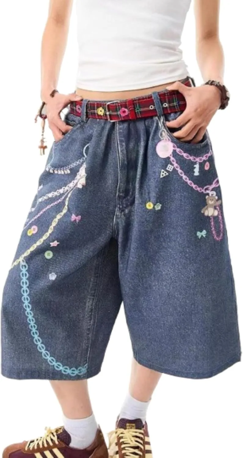 

VCM укороченные джинсы для женщин с Kawaii принтом, высокие, широкие, в стиле Y2K