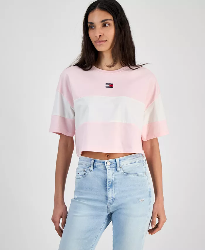 

Женская укороченная футболка из хлопка с цветными блоками Tommy Jeans, мультиколор