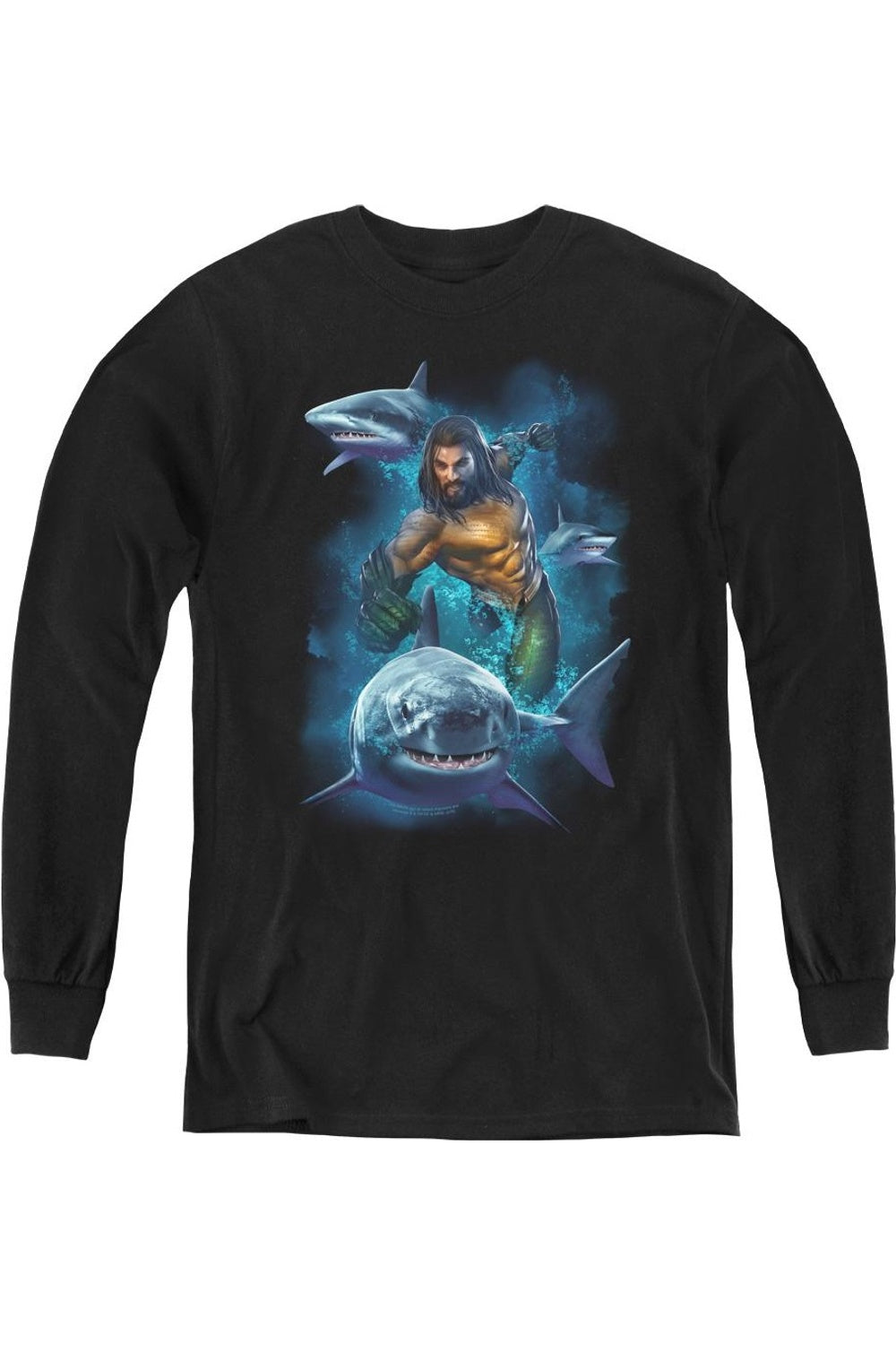 

Футболка с длинным рукавом "Aquaman: Плавание с акулами" для детей Gildan, черный