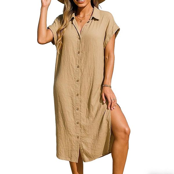 

Женское летнее платье-рубашка с коротким рукавом и воротником, свободного кроя, миди Clearflower, Khaki