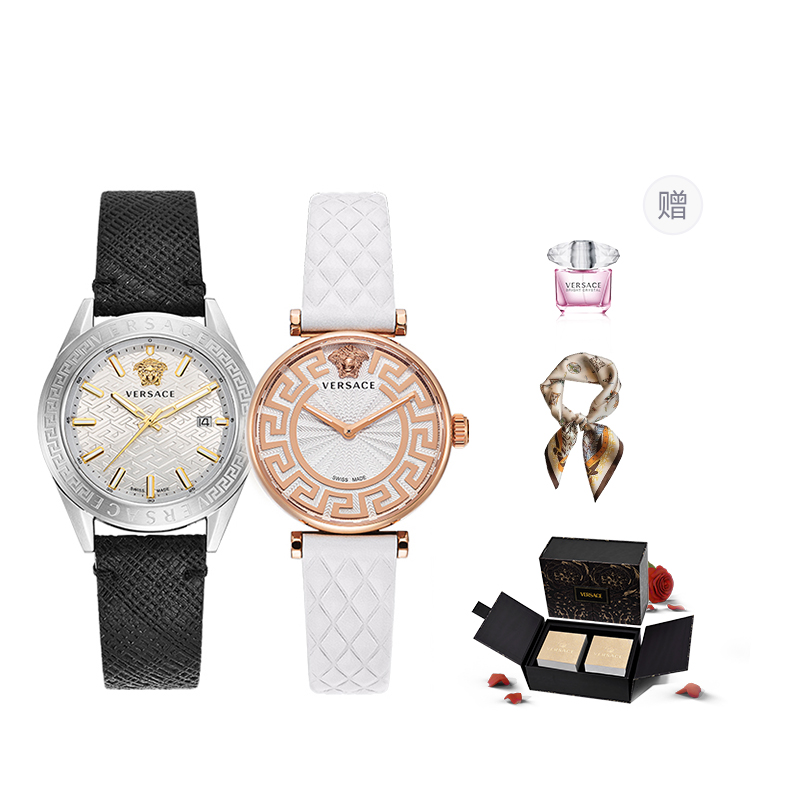 

Versace Наручные часы с кварцевым механизмом, белый циферблат, унисекс, подарок, розовые кристаллы и бриллианты, шкатулка для духов, шелковый шарф