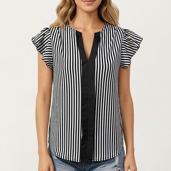 

Блузка с вертикальными полосками и рукавами-фонариками, контрастная вставка на вырезе Anna-Kaci