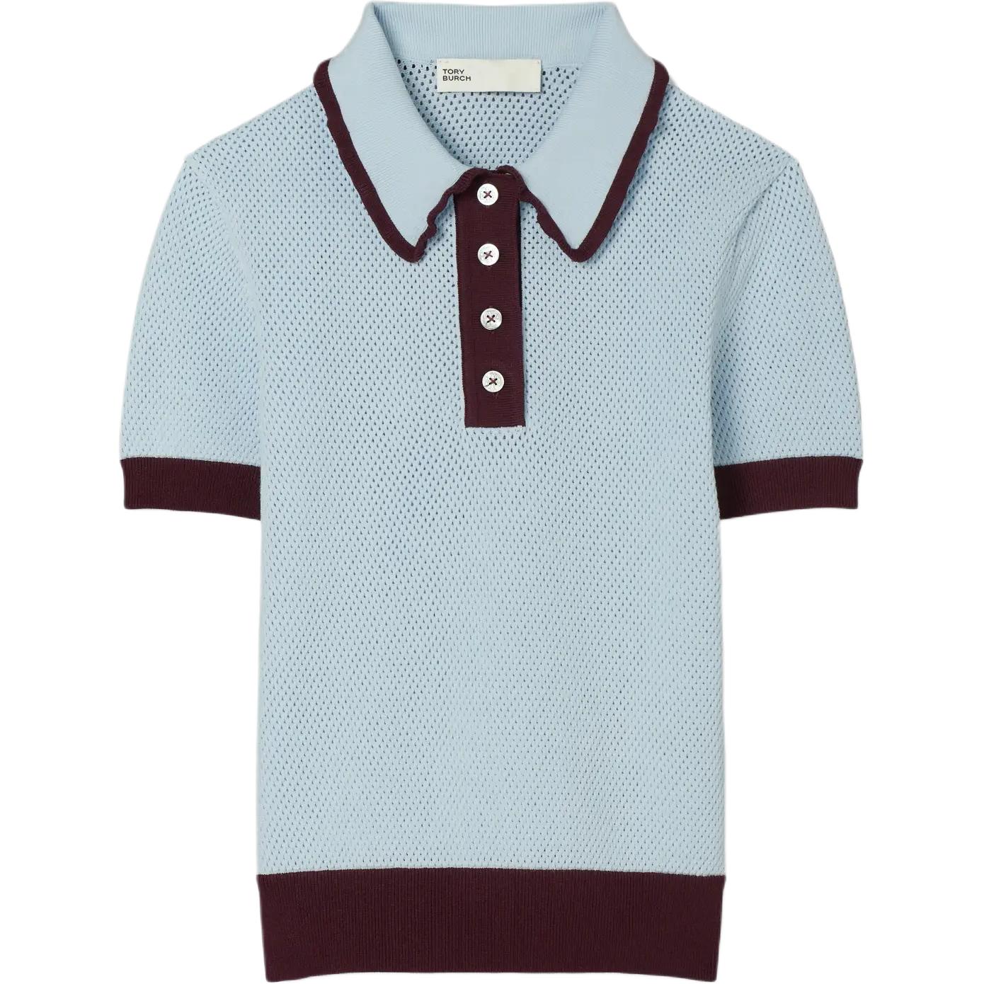 

TORY BURCH Трикотажная блуза с воротником-поло Ice Blue/Deep Plum