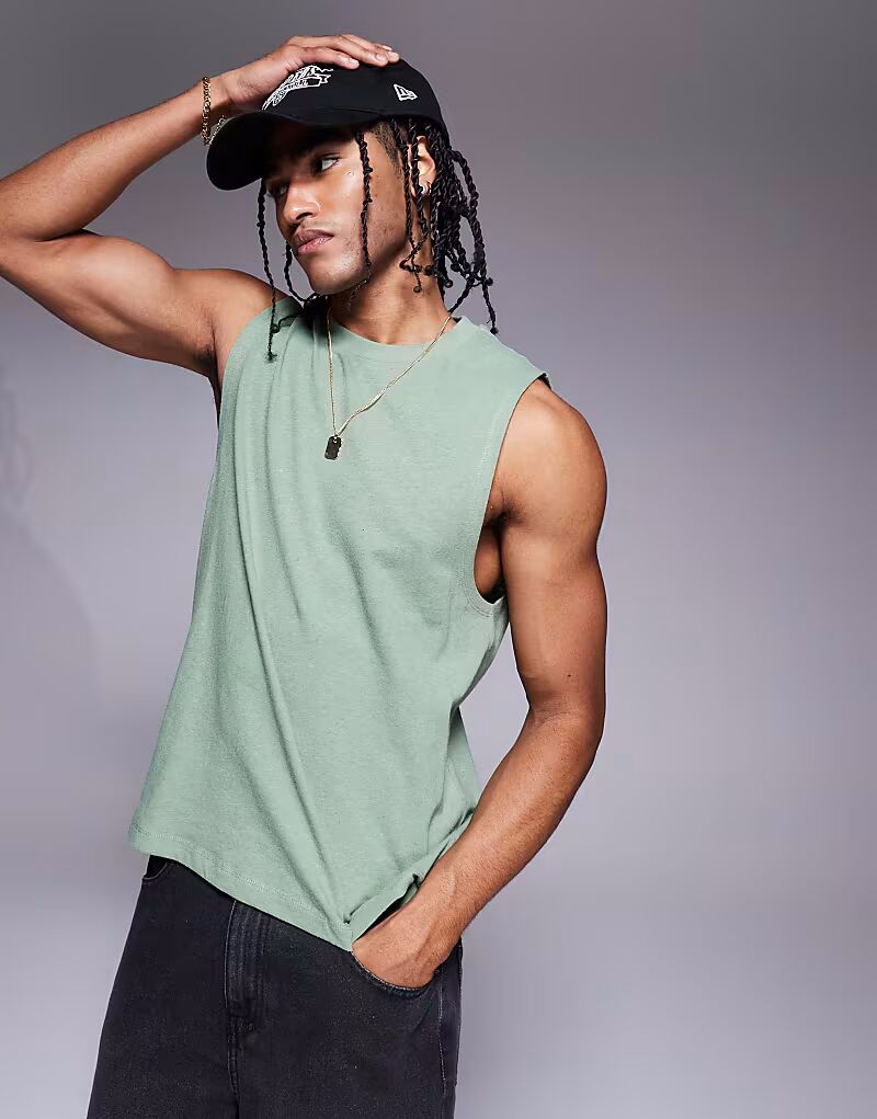 

Свободная майка с круглым вырезом ASOS DESIGN из льняной смеси цвета хаки