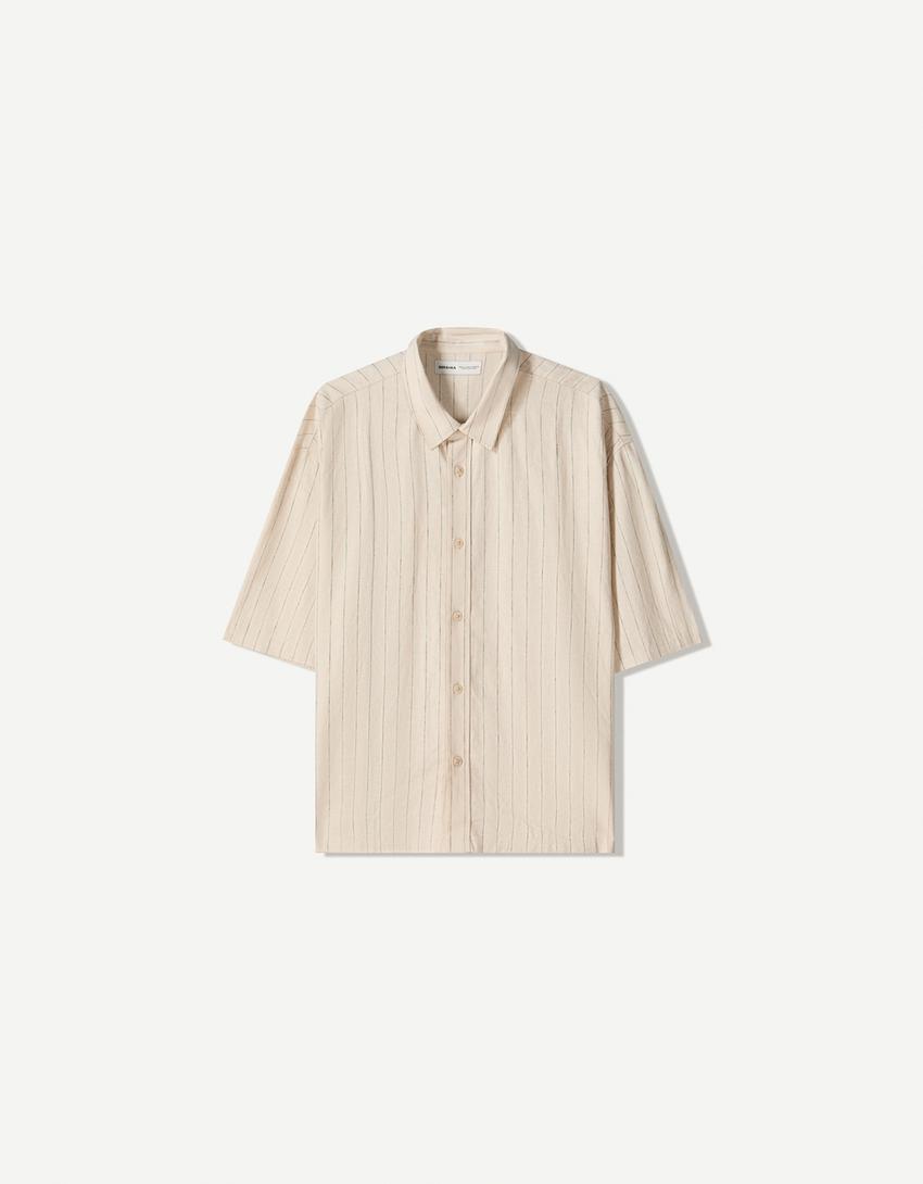 

Рубашка с коротким рукавом из льняной смеси Bershka, бежевый