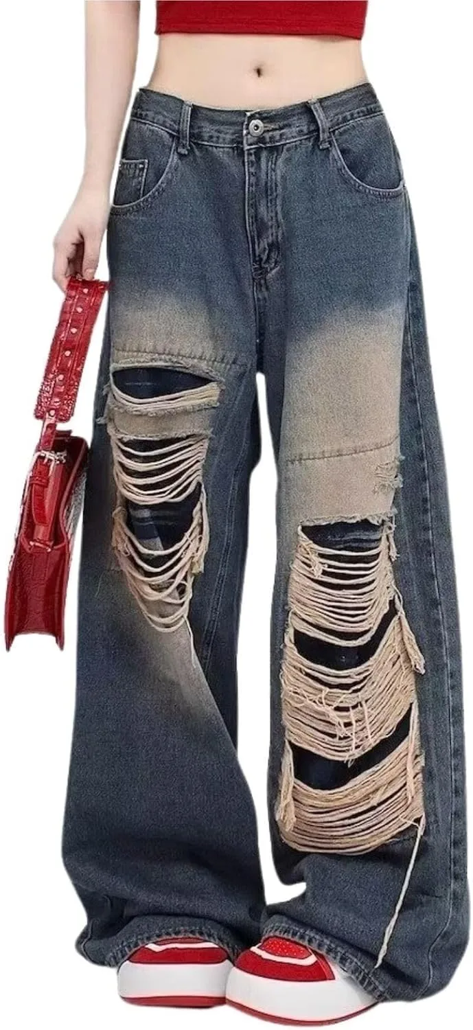 

Женские рваные мешковатые джинсы Y2K - высокие прямые гранж-штаны