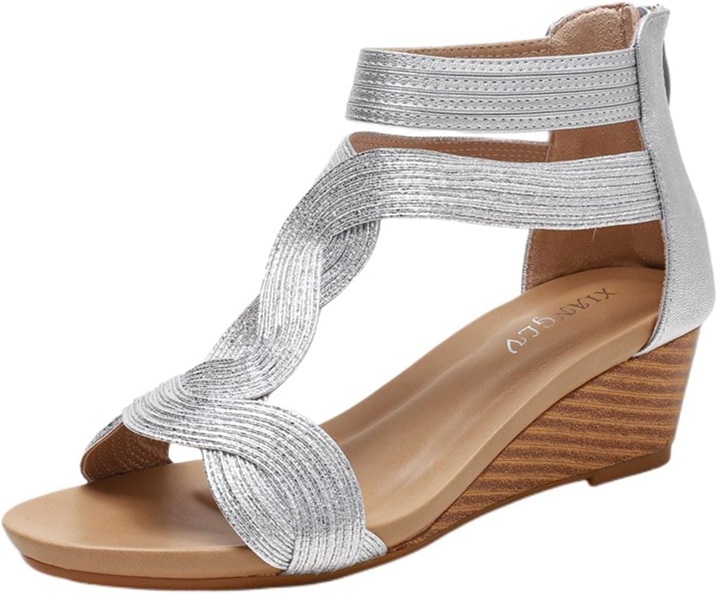 

Женские летние сандалии на низкой танкетке, нарядные платформенные сандалии с ремешком на щиколотке, открытым носком, римские сандалии на танкетке, с молнией для комфортной ходьбы, слипоны на заднике Generic, серебро