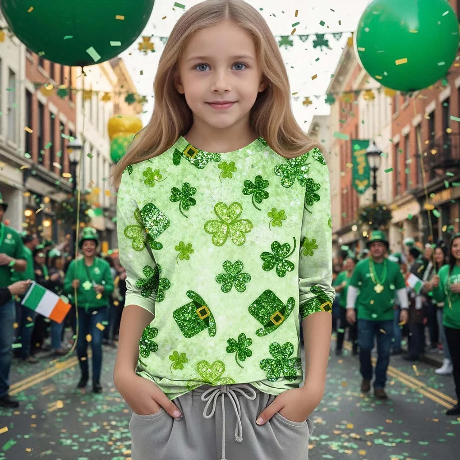 Детская футболка с принтом Shamrock, Zzalalana, 3/4 рукав, Green16 — фото 2