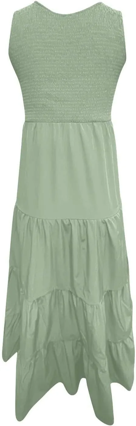 Женское летнее макси-платье Casual Boho без рукавов с майкой и круглым вырезом, плиссированное длинное платье с ярусами и рюшами для пляжа Generic, зеленый — фото 4