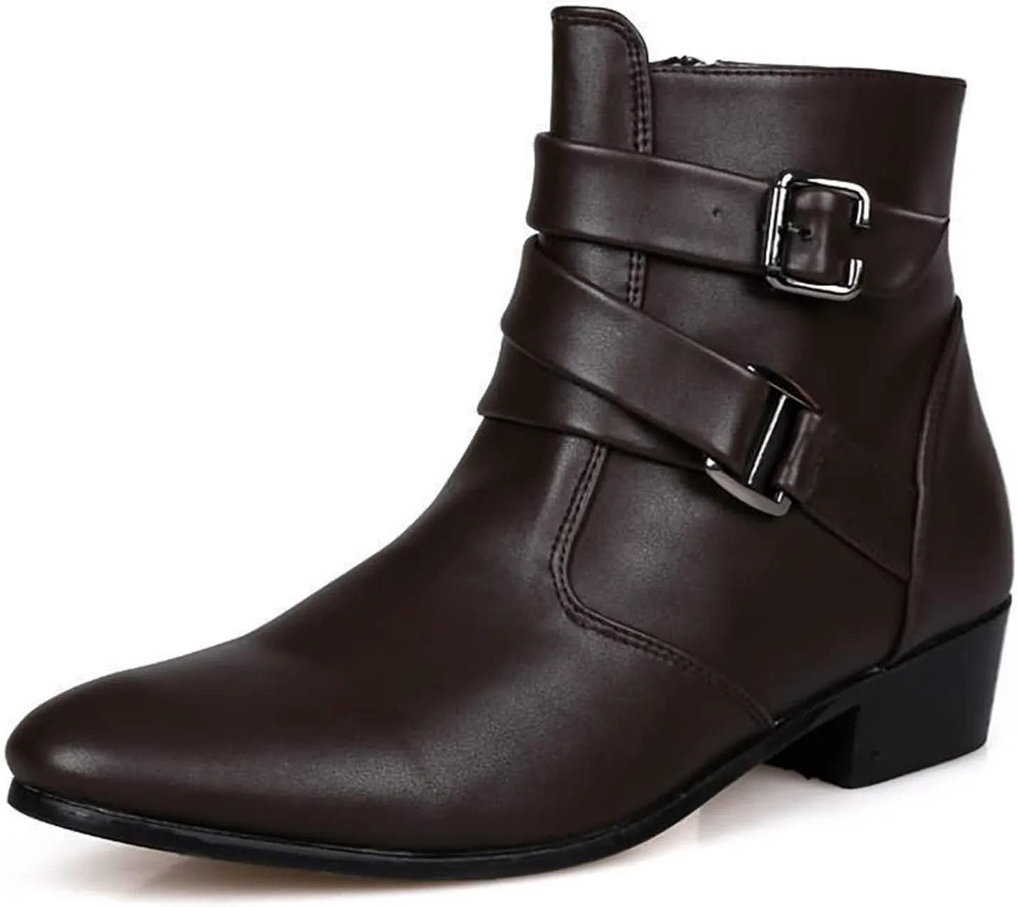 

Мужские кожаные челси с заостренным носком PURCHAWEE, застежки-пряжки, боковая молния, массивный низкий каблук, западные формальные ботинки, ботильоны, коричневый