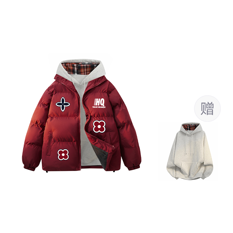 

Пуховик Unisex с воротником стойкой утепленный HUANQIU, burgundy (with plaid sweatshirt)