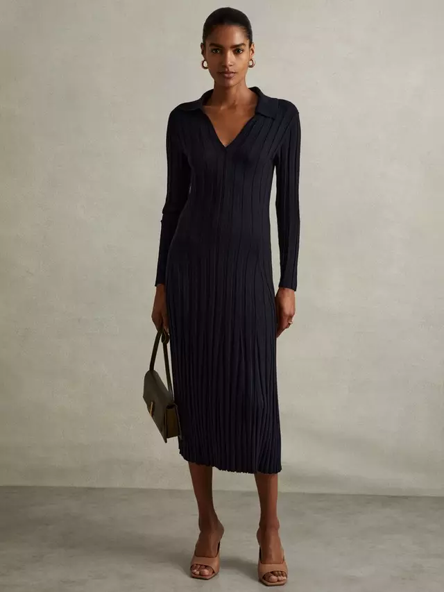 

Платье Reiss Winnie Wool Blend Wide Rib Midi, темно-синий