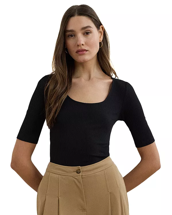 

Футболка с рукавами до локтя из хлопковой смеси в рубчик Ralph Lauren, черный