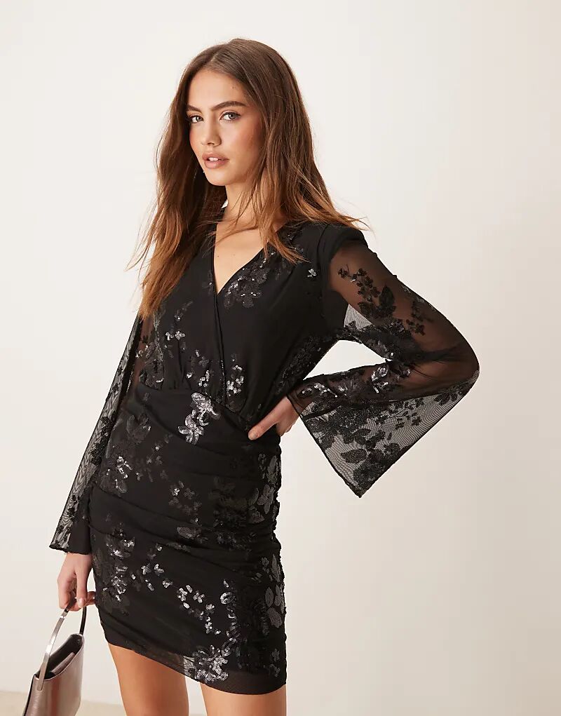

Мини-платье Gina Tricot с запахом спереди черного цвета с фактурным мерцающим жаккардовым цветочным узором