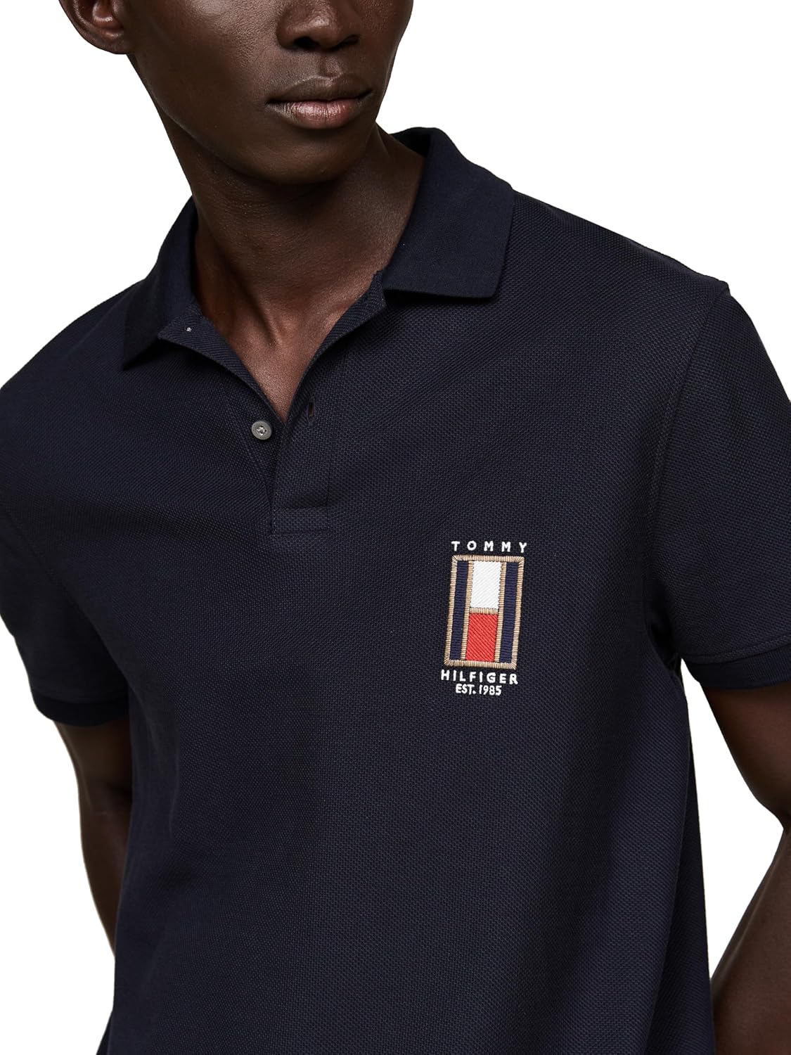 Мужские поло Tommy Hilfiger с коротким рукавом, классического кроя, эластичные, с вертикальным логотипом, Desert Sky — фото 2