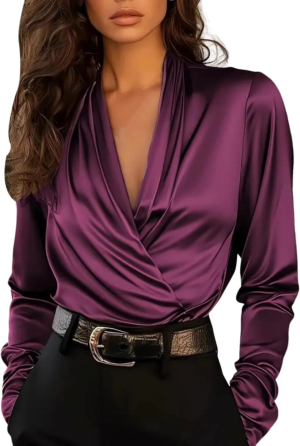 Блуза сатиновая с драпировкой, Elegant, фиолетовый