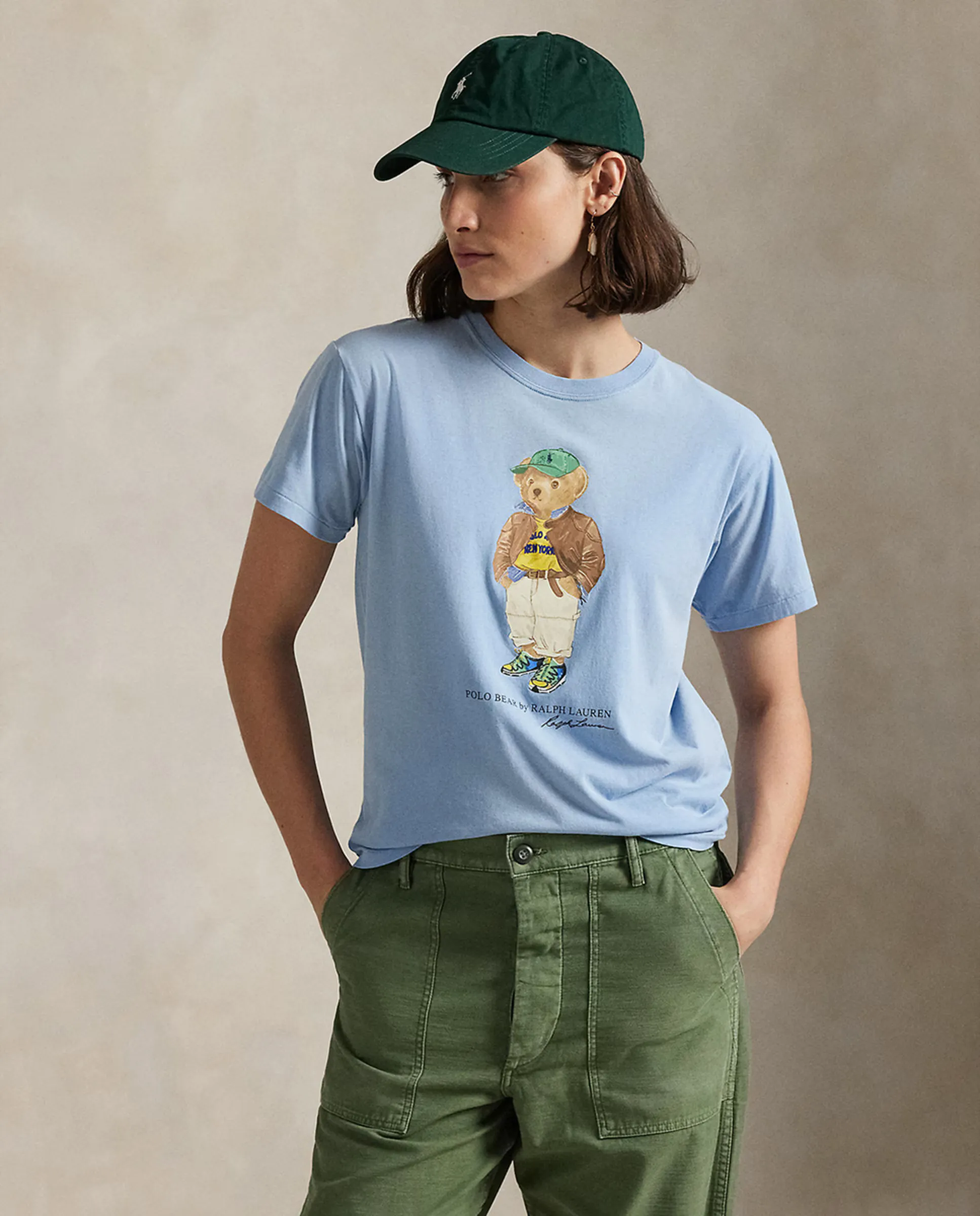 

Женская хлопковая футболка с Polo Bear Polo Ralph Lauren, светло-голубой